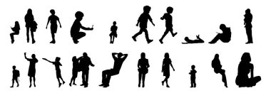 Vektör siluetleri, insanların ana hatları, Contour çizimleri, insanların siluetleri, ikon kümesi izole edilmiş, oturan insanların silueti, mimari set