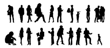 Vektör siluetleri, insanların ana hatları, Contour çizimleri, insanların siluetleri, ikon kümesi izole edilmiş, oturan insanların silueti, mimari set