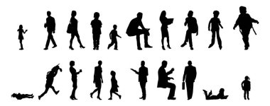 Vektör siluetleri, insanların ana hatları, Contour çizimleri, insanların siluetleri, ikon kümesi izole edilmiş, oturan insanların silueti, mimari set