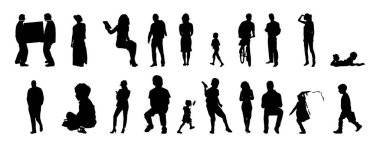 Vektör siluetleri, insanların ana hatları, Contour çizimleri, insanların siluetleri, ikon kümesi izole edilmiş, oturan insanların silueti, mimari set
