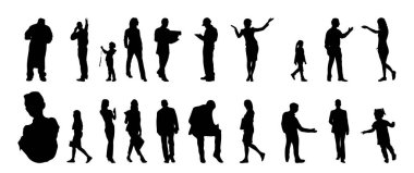 Vektör siluetleri, insanların ana hatları, Contour çizimleri, insanların siluetleri, ikon kümesi izole edilmiş, oturan insanların silueti, mimari set