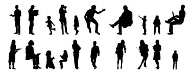 Vektör siluetleri, insanların ana hatları, Contour çizimleri, insanların siluetleri, ikon kümesi izole edilmiş, oturan insanların silueti, mimari set