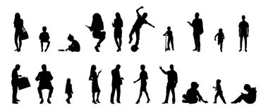 Vektör siluetleri, insanların ana hatları, Contour çizimleri, insanların siluetleri, ikon kümesi izole edilmiş, oturan insanların silueti, mimari set