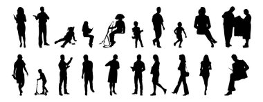 Vektör siluetleri, insanların ana hatları, Contour çizimleri, insanların siluetleri, ikon kümesi izole edilmiş, oturan insanların silueti, mimari set