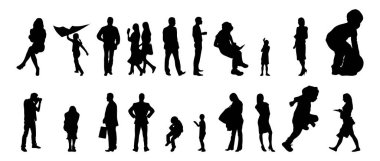 Vektör siluetleri, insanların ana hatları, Contour çizimleri, insanların siluetleri, ikon kümesi izole edilmiş, oturan insanların silueti, mimari set