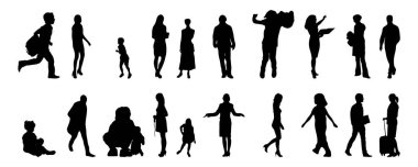 Vektör siluetleri, insanların ana hatları, Contour çizimleri, insanların siluetleri, ikon kümesi izole edilmiş, oturan insanların silueti, mimari set