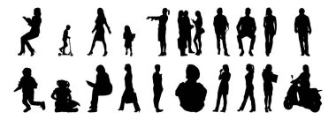 Vektör siluetleri, insanların ana hatları, Contour çizimleri, insanların siluetleri, ikon kümesi izole edilmiş, oturan insanların silueti, mimari set