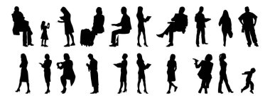 Vektör siluetleri, insanların ana hatları, Contour çizimleri, insanların siluetleri, ikon kümesi izole edilmiş, oturan insanların silueti, mimari set