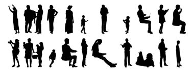 Vektör siluetleri, insanların ana hatları, Contour çizimleri, insanların siluetleri, ikon kümesi izole edilmiş, oturan insanların silueti, mimari set