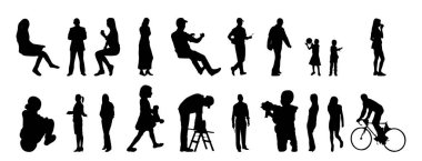 Vektör siluetleri, insanların ana hatları, Contour çizimleri, insanların siluetleri, ikon kümesi izole edilmiş, oturan insanların silueti, mimari set