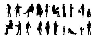 Vektör siluetleri, insanların ana hatları, Contour çizimleri, insanların siluetleri, ikon kümesi izole edilmiş, oturan insanların silueti, mimari set