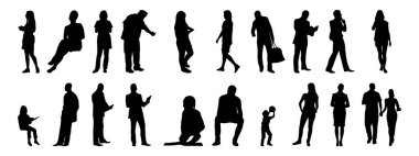 Vektör siluetleri, insanların ana hatları, Contour çizimleri, insanların siluetleri, ikon kümesi izole edilmiş, oturan insanların silueti, mimari set
