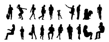 Vektör siluetleri, insanların ana hatları, Contour çizimleri, insanların siluetleri, ikon kümesi izole edilmiş, oturan insanların silueti, mimari set