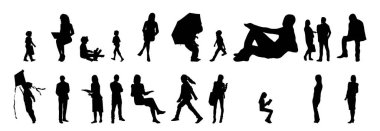 Vektör siluetleri, insanların ana hatları, Contour çizimleri, insanların siluetleri, ikon kümesi izole edilmiş, oturan insanların silueti, mimari set