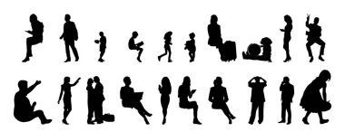Vektör siluetleri, insanların ana hatları, Contour çizimleri, insanların siluetleri, ikon kümesi izole edilmiş, oturan insanların silueti, mimari set