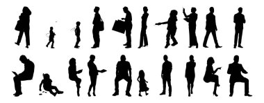 Vektör siluetleri, insanların ana hatları, Contour çizimleri, insanların siluetleri, ikon kümesi izole edilmiş, oturan insanların silueti, mimari set