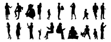 Vektör siluetleri, insanların ana hatları, Contour çizimleri, insanların siluetleri, ikon kümesi izole edilmiş, oturan insanların silueti, mimari set