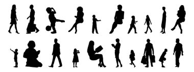 Vektör siluetleri, insanların ana hatları, Contour çizimleri, insanların siluetleri, ikon kümesi izole edilmiş, oturan insanların silueti, mimari set