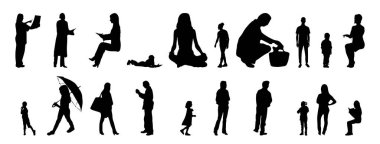 Vektör siluetleri, insanların ana hatları, Contour çizimleri, insanların siluetleri, ikon kümesi izole edilmiş, oturan insanların silueti, mimari set