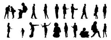Vektör siluetleri, insanların ana hatları, Contour çizimleri, insanların siluetleri, ikon kümesi izole edilmiş, oturan insanların silueti, mimari set