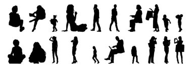 Vektör siluetleri, insanların ana hatları, Contour çizimleri, insanların siluetleri, ikon kümesi izole edilmiş, oturan insanların silueti, mimari set