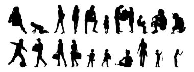 Vektör siluetleri, insanların ana hatları, Contour çizimleri, insanların siluetleri, ikon kümesi izole edilmiş, oturan insanların silueti, mimari set