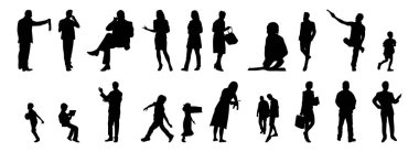 Vektör siluetleri, insanların ana hatları, Contour çizimleri, insanların siluetleri, ikon kümesi izole edilmiş, oturan insanların silueti, mimari set