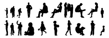 Vektör siluetleri, insanların ana hatları, Contour çizimleri, insanların siluetleri, ikon kümesi izole edilmiş, oturan insanların silueti, mimari set