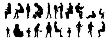 Vektör siluetleri, insanların ana hatları, Contour çizimleri, insanların siluetleri, ikon kümesi izole edilmiş, oturan insanların silueti, mimari set