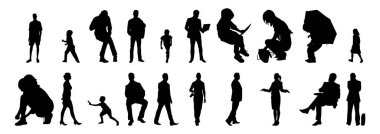 Vektör siluetleri, insanların ana hatları, Contour çizimleri, insanların siluetleri, ikon kümesi izole edilmiş, oturan insanların silueti, mimari set