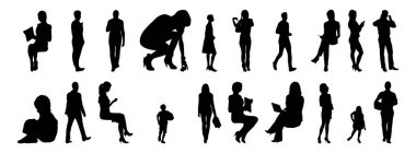 Vektör siluetleri, insanların ana hatları, Contour çizimleri, insanların siluetleri, ikon kümesi izole edilmiş, oturan insanların silueti, mimari set