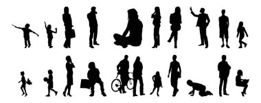 Vektör siluetleri, insanların ana hatları, Contour çizimleri, insanların siluetleri, ikon kümesi izole edilmiş, oturan insanların silueti, mimari set