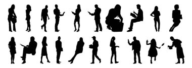 Vektör siluetleri, insanların ana hatları, Contour çizimleri, insanların siluetleri, ikon kümesi izole edilmiş, oturan insanların silueti, mimari set