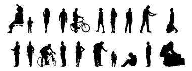 Vektör siluetleri, insanların ana hatları, Contour çizimleri, insanların siluetleri, ikon kümesi izole edilmiş, oturan insanların silueti, mimari set