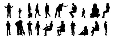 Vektör siluetleri, insanların ana hatları, Contour çizimleri, insanların siluetleri, ikon kümesi izole edilmiş, oturan insanların silueti, mimari set