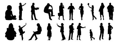 Vektör siluetleri, insanların ana hatları, Contour çizimleri, insanların siluetleri, ikon kümesi izole edilmiş, oturan insanların silueti, mimari set