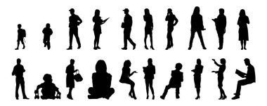 Vektör siluetleri, insanların ana hatları, Contour çizimleri, insanların siluetleri, ikon kümesi izole edilmiş, oturan insanların silueti, mimari set