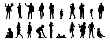 Vektör siluetleri, insanların ana hatları, Contour çizimleri, insanların siluetleri, ikon kümesi izole edilmiş, oturan insanların silueti, mimari set
