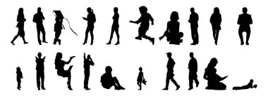 Vektör siluetleri, insanların ana hatları, Contour çizimleri, insanların siluetleri, ikon kümesi izole edilmiş, oturan insanların silueti, mimari set