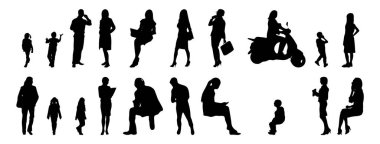 Vektör siluetleri, insanların ana hatları, Contour çizimleri, insanların siluetleri, ikon kümesi izole edilmiş, oturan insanların silueti, mimari set