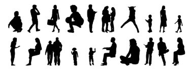 Vektör siluetleri, insanların ana hatları, Contour çizimleri, insanların siluetleri, ikon kümesi izole edilmiş, oturan insanların silueti, mimari set