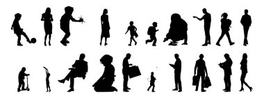 Vektör siluetleri, insanların ana hatları, Contour çizimleri, insanların siluetleri, ikon kümesi izole edilmiş, oturan insanların silueti, mimari set