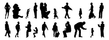 Vektör siluetleri, insanların ana hatları, Contour çizimleri, insanların siluetleri, ikon kümesi izole edilmiş, oturan insanların silueti, mimari set