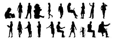 Vektör siluetleri, insanların ana hatları, Contour çizimleri, insanların siluetleri, ikon kümesi izole edilmiş, oturan insanların silueti, mimari set