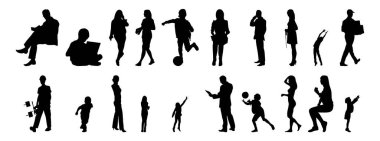 Vektör siluetleri, insanların ana hatları, Contour çizimleri, insanların siluetleri, ikon kümesi izole edilmiş, oturan insanların silueti, mimari set
