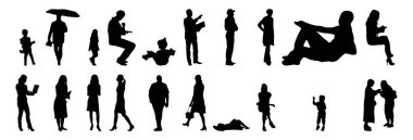 Vektör siluetleri, insanların ana hatları, Contour çizimleri, insanların siluetleri, ikon kümesi izole edilmiş, oturan insanların silueti, mimari set