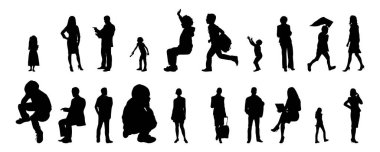 Vektör siluetleri, insanların ana hatları, Contour çizimleri, insanların siluetleri, ikon kümesi izole edilmiş, oturan insanların silueti, mimari set