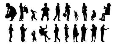 Vektör siluetleri, insanların ana hatları, Contour çizimleri, insanların siluetleri, ikon kümesi izole edilmiş, oturan insanların silueti, mimari set