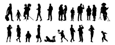 Vektör siluetleri, insanların ana hatları, Contour çizimleri, insanların siluetleri, ikon kümesi izole edilmiş, oturan insanların silueti, mimari set