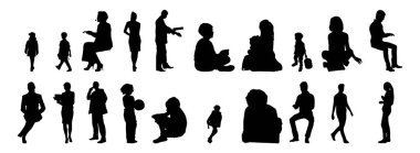 Vektör siluetleri, insanların ana hatları, Contour çizimleri, insanların siluetleri, ikon kümesi izole edilmiş, oturan insanların silueti, mimari set